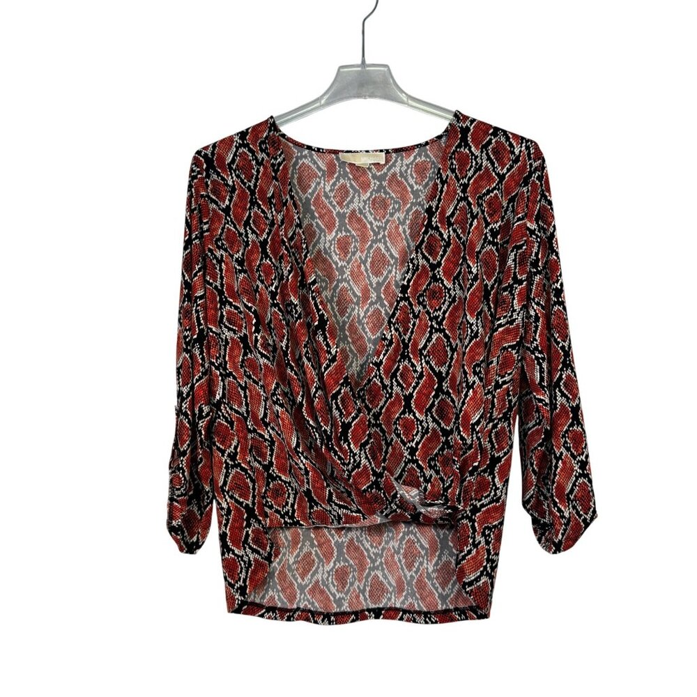 Michael Kors Womens Size XL Orange and Black Snake Print Surplice Front Blouse